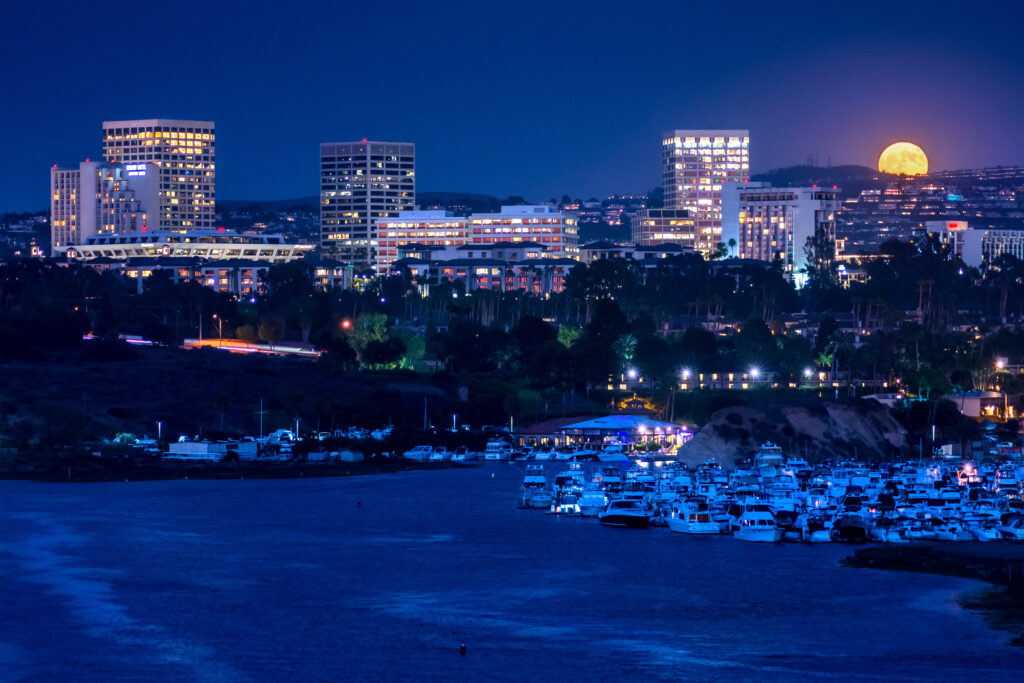 Newport Beach skyline and harbor with office buildings in Orange County California