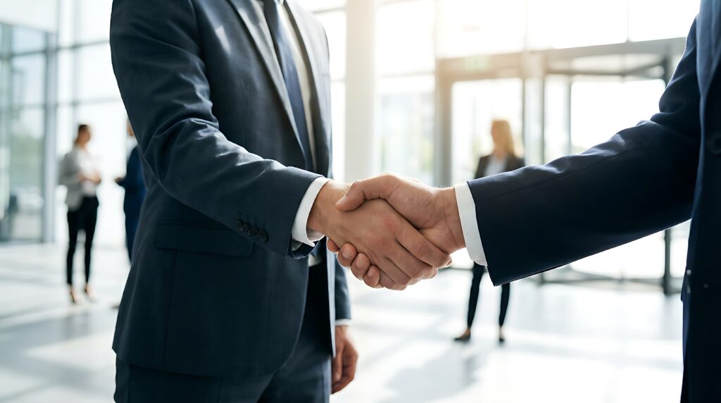 Business professionals reviewing commercial lease documents in office meeting