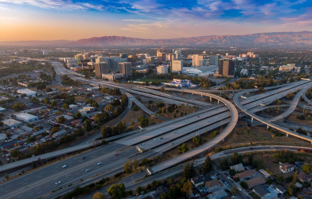 San Jose freeway and surrounding Silicon Valley business districts